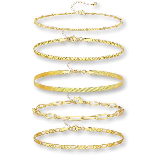 5PCS 14K Gold Plated Ankle Bracelets Set for Women Men,Waterproof Adjustable Anklets for Summer Beach,Layered Paperclip Beaded Cuban Herringbone Link Chain,Jewelry Accessory for Couples Wife GF BF Holiday Gifts - color: Gold - B
