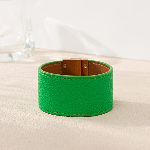 Rantanto Leather Wrap Bracelets For Women Gold Twist Lock Buckle Wrist Cuff | PU leather,Skin-friendly,Boho Stackable Wristband,Fashion Daily Jewelry,Trend Casual Party Bangle,Fit For Birthday, Holiday - color: Wide Green
