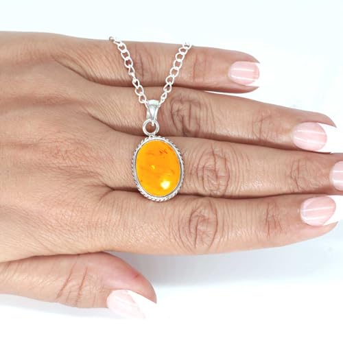 Chunky Natural Gemstone Pendant Necklace For Women Onyx, Turquoise, Amber, Garnet Oval Boho Genuine 925 Sterling Silver Handmade Jewelry - color: Amber