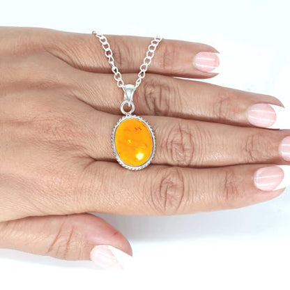 Chunky Natural Gemstone Pendant Necklace For Women Onyx, Turquoise, Amber, Garnet Oval Boho Genuine 925 Sterling Silver Handmade Jewelry - color: Amber