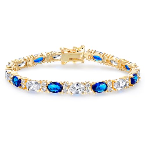 MDFUN 18K White/Yellow Gold Plated Green/Blue 5 * 7MM Oval 5A+ Cubic Zirconia Tennis Bracelet for Women Birthstone Jewelry Gift 6.5-8.5 inch - color: 18K Yellow Gold -Blue