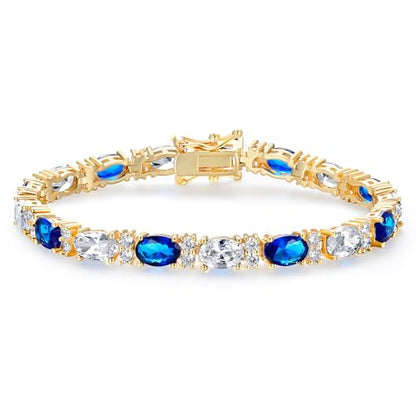 MDFUN 18K White/Yellow Gold Plated Green/Blue 5 * 7MM Oval 5A+ Cubic Zirconia Tennis Bracelet for Women Birthstone Jewelry Gift 6.5-8.5 inch - color: 18K Yellow Gold -Blue