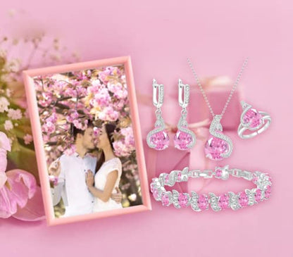 GZWHD Jewelry Set for Women Water Drop Cubic Zirconia Artificial Crystal Earrings Pendant Necklace Open Ring Tennis Bracelet Wedding Anniversary Birthday Engagement Gift for Bridesmaid Wife Girlfriend Friend - color: Pink
