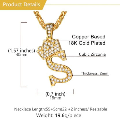 U7 Crown Initial Necklace Men Women, Bling Diamond A-Z 0-9 Letter Pendant with Wheat Chain, Silver/Black/Gold Plated CZ Alphabet Number Hip Hop Jersery for Father Husband - color: a. Gold, size: 19. S