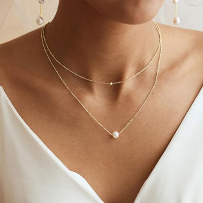 Gold Pearl Necklaces for Women Trendy, 14K Gold Plated Dainty Necklace Simple Layered Pearl Necklaces for Women Trendy Wedding Birthday Jewelry - color: 4-Layered Pearl