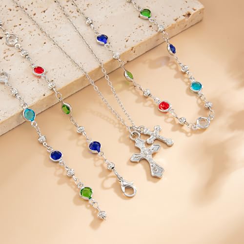 Silvery Layered Necklace for Women, Y Necklace with Cross Pendant, Dainty Stackable Jewelry Gift for Everyday Wear - style: 3PCS - Colorful Chain&2 Cross&Colorful Chain