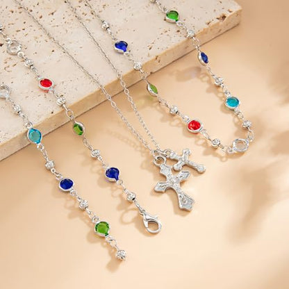 Silvery Layered Necklace for Women, Y Necklace with Cross Pendant, Dainty Stackable Jewelry Gift for Everyday Wear - style: 3PCS - Colorful Chain&2 Cross&Colorful Chain