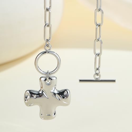 Joxevyia Gold Cross Necklace for Women Hammered Cross Pendant Toggle Clasp Paperclip Chain Statement Choker Bold Faith Jewelry Gift - color: silver cross necklace, size: 18 inches