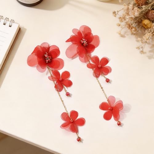 Flower Earrings for Women Long Fabric Flower Tassel Earrings Bohemian Handmade Floral Statement Earring Wedding Prom Jewelry Gifts - color: A5：red