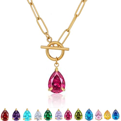 Teardrop CZ Pendant Paperclip Chain Necklace 18K Plated Paperclip Toggle Necklace Jewelry Birthstone Gift for Women - color: Ruby-July