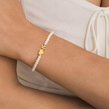 M MOOHAM Pearl Initial Bracelets for Teen Girls, Heart Letter A-Z Bracelets | 14K Gold Plated Heart Letter Bracelet, Dainty Stretch Pearl Initial Bracelet, 6-14 Year Old Girl Birthday Gifts for Teen Girl - color: K
