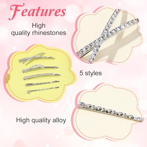 10Pcs Rhinestone Bobby Pins Crystal Diamond Bling Hair Pins Shiny Fancy Metal Barrettes I S X Shaped Hair Accessories for Women Girls Party Wedding Daily (Silver)