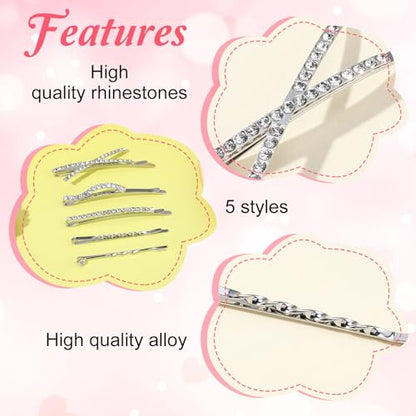 10Pcs Rhinestone Bobby Pins Crystal Diamond Bling Hair Pins Shiny Fancy Metal Barrettes I S X Shaped Hair Accessories for Women Girls Party Wedding Daily (Silver)