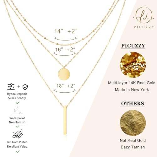 14K Gold Silver Plated Layered Necklaces for Women Trendy | Necklaces for Women Trendy, Stackable Dainty Chain Necklace, Beach Cute Fashion Pendant Choker Necklace, Jewelry Set Gifts - color: 3PCS / Satellite & Coin & Bar