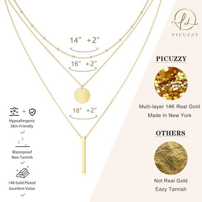 14K Gold Silver Plated Layered Necklaces for Women Trendy | Necklaces for Women Trendy, Stackable Dainty Chain Necklace, Beach Cute Fashion Pendant Choker Necklace, Jewelry Set Gifts - color: 3PCS / Satellite & Coin & Bar
