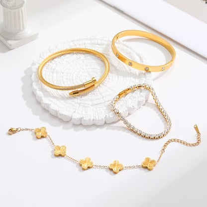 18K Gold Plated Bangle Bracelets Stack for Women,Four Leaf Clover Stackable Bracelets Non Tarnish,4 Pcs Jewelry sets Gifts - color: Gold