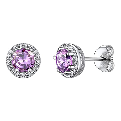 Suplight 925 Sterling Silver Birthstone Stud Earrings for Women, Round/Heart/Teardrop/Square Crystal Diamond Earrings for Women, Dainty Birthday Gifts Jewelry - color: style a-06. round-June(Created Alexandrite)