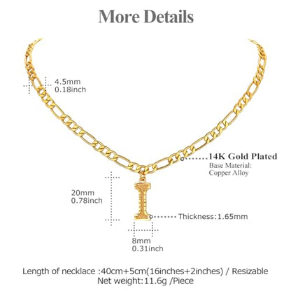 14K Gold Plated Initial Necklaces for Women Men A-Z Letter Necklaces | Figaro Chain, 16"+2" Adjustable Length, with Gift Box - style: I