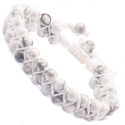 MASSIVE BEADS Double Layer Natural Chakra Healing Power Crystals Macrame Bracelet Yoga Stone Beads Gemstone Meditation Relax Anxiety Bangle for Unisex Women Men - color: Howlite, size: 6mm