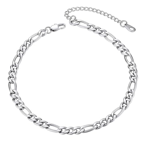 ChainsHouse Ankle Bracelets for Women, Stainless Steel Beaded Chain Ankle Bracelet, Womens Heart Anklets for Summer Beach Jewelry Gifts - color: E: figaro-5mm-stainless steel