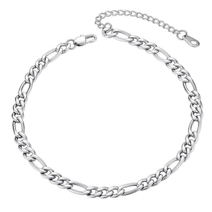 ChainsHouse Ankle Bracelets for Women, Stainless Steel Beaded Chain Ankle Bracelet, Womens Heart Anklets for Summer Beach Jewelry Gifts - color: E: figaro-5mm-stainless steel