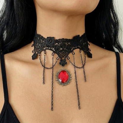 Qceasiy Gothic Black Necklace for Women, Adjustable Victorian Velvet Lace Collar, Halloween Party Cosplay Jewelry Gift - style: Red Gem Chain