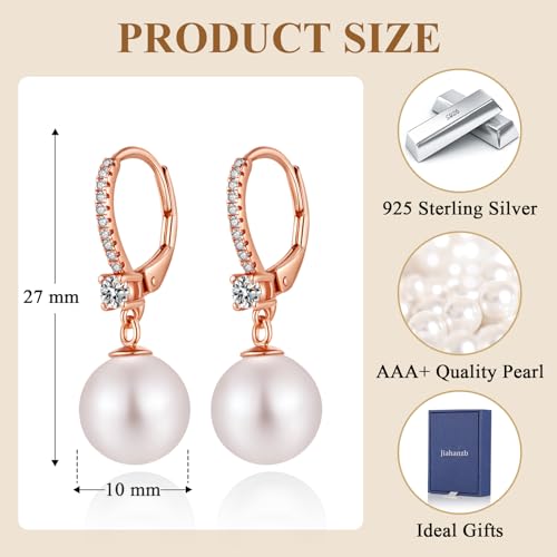 Pearl Dangle Drop Earrings for Women 925 Sterling Silver Pearl Leverback Earrings Cubic Zirconia Pearl Dangling Earrings 10MM - color: 3. Rose Color10mm