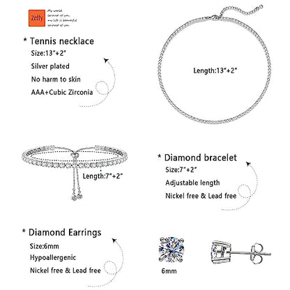 Zeffy Diamond Necklaces for Women, Dainty Gold Necklace 18k Gold Plated Layered Necklaces Simple Gold CZ Diamond Pendant Necklaces for Women Trendy Jewelry Gifts for Girls - color: Silver Jewelry Set