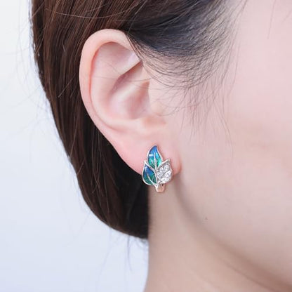 Floral Hoop Earrings 925 Sterling Silver with 14K Gold Plating – Lightweight CZ Flower Hoops | Hypoallergenic Jewelry for Women | Gift Box + Polishing Cloth - color: 16mm Leaf earrings