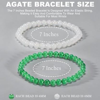 2PCS Agate Bracelet for Women Men Natural Round Beaded Agates Stone Healing Stretch Bracelets Elastic Handmade Polished Gemstone Beads Bracelet - color: White+Green, size: 6mm Beads
