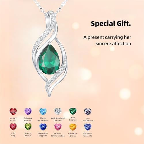 Birthstone Necklace for Women S925 Sterling Silver Teardrop | With Cubic Zirconia and Gemstones - Ideal Birthday Jewelry Gift for Her, Girlfriend, Wife, Mom on Birthday, Anniversary - color: 05 - Emerald