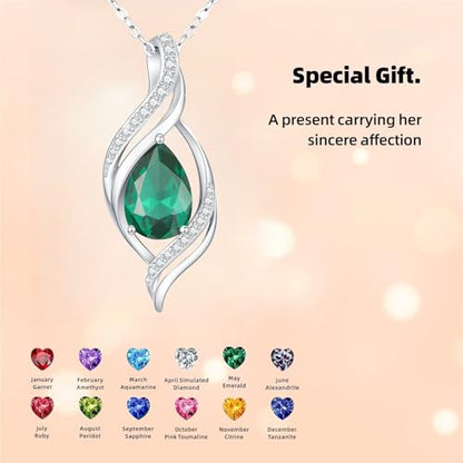 Birthstone Necklace for Women S925 Sterling Silver Teardrop | With Cubic Zirconia and Gemstones - Ideal Birthday Jewelry Gift for Her, Girlfriend, Wife, Mom on Birthday, Anniversary - color: 05 - Emerald