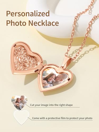 FindChic Locket Necklace for Women Custom Photo Memorial Gifts 4 Colors | Silver/Black/Rose Gold/Gold Plated Personalized for Loved Ones, Birthday Valentine's Day Keepsake - style: 12. Rose Relief (DIY)-Rose Gold