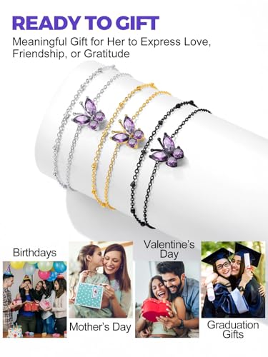 Richsteel Double Layer Heart/Butterfly Birthstone Anklet for Women | Non Tarnish Waterproof, Silver/Gold/Black Stainless Steel 8.5-10.5 Inch Adjustable Chain Anklets Summer Beach Foot Jewelry - color: Black Butterfly-06 Jun.(Alexandrite)