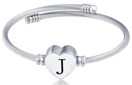 MUERDOU Initial Bracelet for Women Alphabet 26 Letters Bracelet Heart Cable Charm Bracelets Gifts for Her - style: J