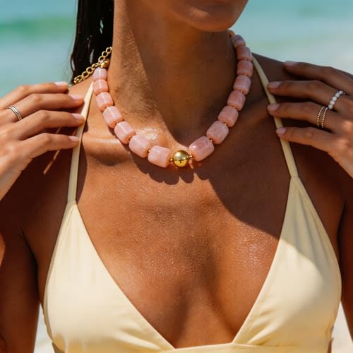 Colorful Statement Chunky Beaded Necklace for Women Large Square Resin Beads Y2K Trendy Bold Summer Vacation Boho Choker Jewelry - color: Pink