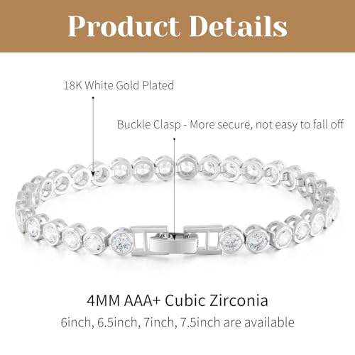 Kose 18K Gold/White Gold Plated Tennis Bracelet, 4MM Cubic Zirconia Round Cut Bracelet for Women 6/6.5/7/7.5 Inches - color: White Gold