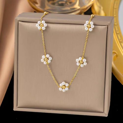 Zeffy Pearl Necklace 4MM/6MM/8MM Dainty Round Imitation Pearl Choker Necklace Wedding Pearl Necklace Delicate Jewelry for Women Simple Bridesmaid Jewelry Gifts - style: Gold Pearl Daisy Necklace(15"+2")