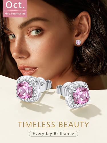 FindChic Birthstone Earrings for Women, Round/Heart/Square/Teardrop Earrings with 925 Sterling Silver Posts & Push Backs, Hypoallergenic Studs with Cubic Zirconia, 12 Months Jewelry with Gift Box - style: 10. October-Pink Tourmaline (Square)
