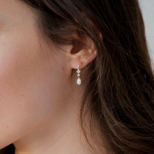 Pearl Earrings for Women:Gold Wedding Dangle Drop Earring Pearl Jewelry | 14K Gold Plated Pearl Drop Earrings for Women,Dainty Wedding Bride Earring Studs,Gold Dangle Drop Earring,Waterproof Jewelry - size: 1 pcs-14