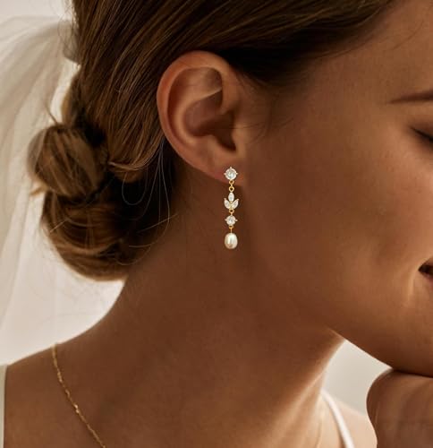 Pearl Earrings for Women Trendy, 14k Gold Plated Freshwater CZ Leaf Pearl Dangle Drop Gold Earrings Lightweight Hypoallergenic Stud Earring Bridesmaid Wedding Gold Jewelry for Women Gifts - style: cz long pearl earrings