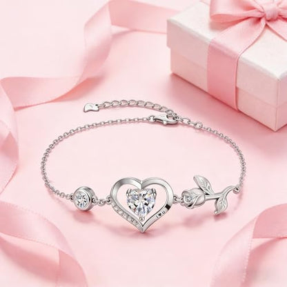 1CT Rose Heart Birthstone Bracelet for Women Love Gift - style: 04-April Moissanite Silver