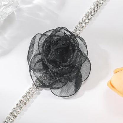 Rose Black Velvet Floral Choker Necklace - Camellia Daisy Rosette - Spring Summer Flower Jewelry - color: Black3