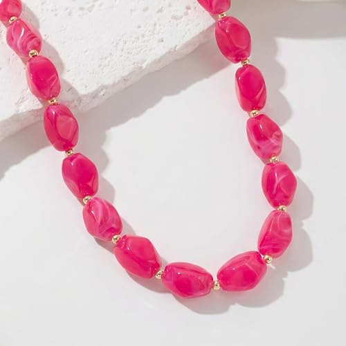 Boho Chunky Beaded Necklace for Women Lightweight Resin Beads for Summer Beach & Vacation Trendy Statement Jewelry Gift for Her - color: Rose Red
