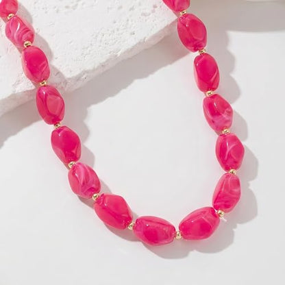 Boho Chunky Beaded Necklace for Women Lightweight Resin Beads for Summer Beach & Vacation Trendy Statement Jewelry Gift for Her - color: Rose Red