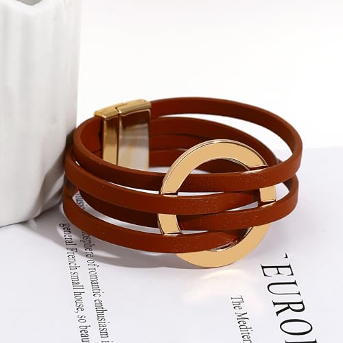 hotoo Circle Charm Bracelets for Women Handmade Leather Wrap Bracelets for Couples Friendship Bracelet Bohemian Cuff Bangle Boho Jewelry Gift - color: New Brown