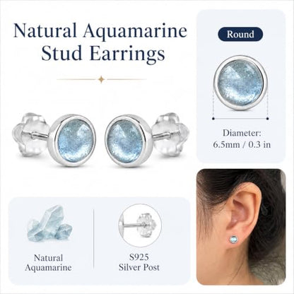 Natural Aquamarine Earrings with 925 Sterling Silver Studs | 6.5 mm Light Blue Stud Earrings for Sensitive Ears | Minimalist Unisex March Birthstone Jewelry | Wedding Bride Gift