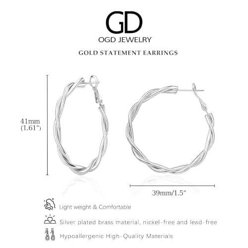 OGD Teardrop Hoop Earrings for Women 14K Gold Plated Large Chunky Oval Pull Through Hoop Earrings Statement Jewelry Gift for Women Hypoallergenic - color: Twisted Hoop-Silver38mm