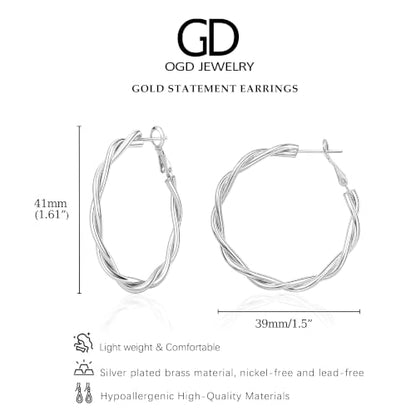 OGD Teardrop Hoop Earrings for Women 14K Gold Plated Large Chunky Oval Pull Through Hoop Earrings Statement Jewelry Gift for Women Hypoallergenic - color: Twisted Hoop-Silver38mm