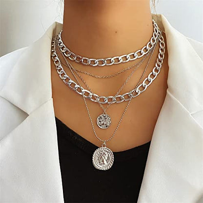 CSIYANJRY99 Chunky Gold Necklaces for Women,Multilayer Punk 80s Hip Hop Necklace,Layered Cuban Link Chain Statement Necklace 90s Freaknik Outfit Accessories for Women - color: Coid Silver